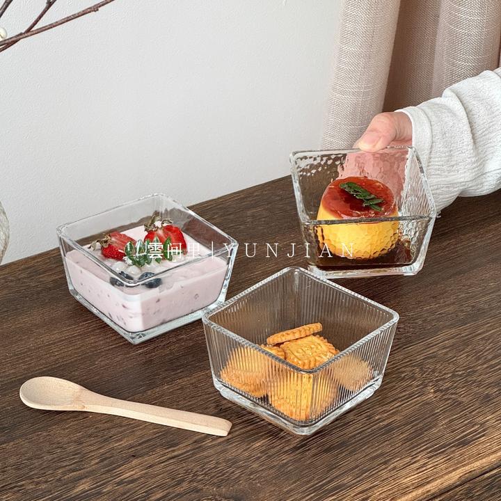 简约方形玻璃碗家用四方冰激凌碗水果甜品布丁酸奶早餐碗小沙拉碗