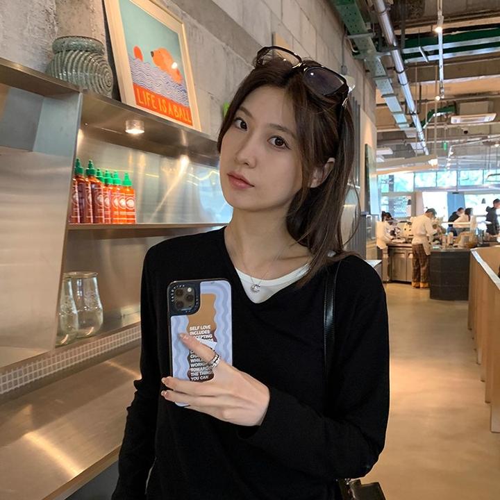 韩系撞色括号领假两件长袖T恤女2025春秋修身正肩显瘦设计感小衫