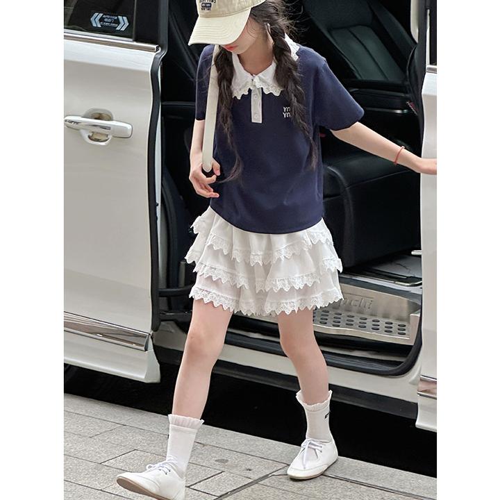 K28859学院风蕾丝拼接女童套装裙裤2025夏新款儿童短袖两件套裤子