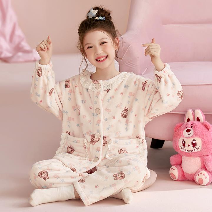 女童法兰绒睡衣2025年新款冬季女孩加绒保暖珊瑚绒学生家居服套装