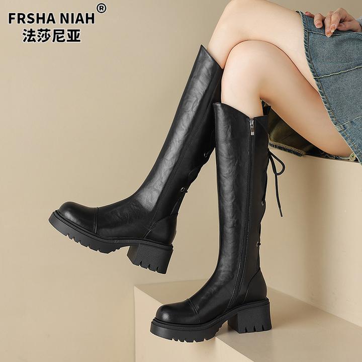 法莎尼亚圆头厚底真皮不过膝长靴女2025秋冬新款黑色显瘦时髦靴子