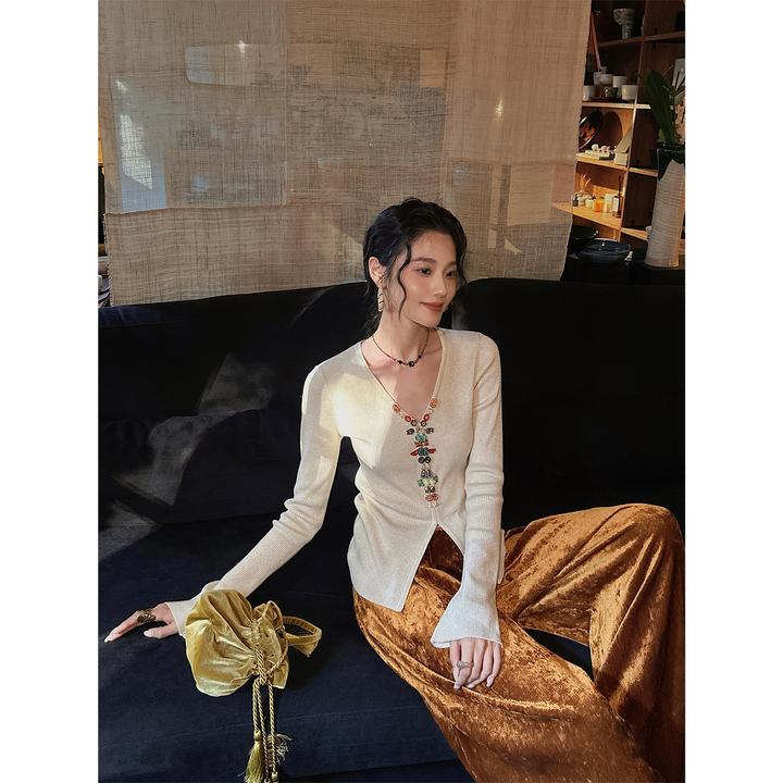 三吉黑花【绛纱】新中式手工钉珠针织衫巨好看的早秋上衣打底长袖