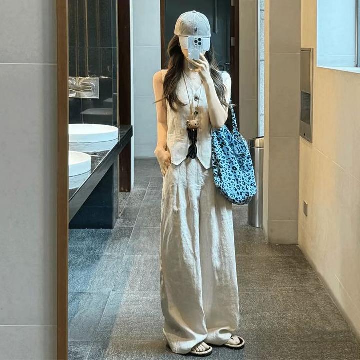 2025夏季新款单排扣气质高级感无袖马甲上衣女时尚高腰阔腿裤套装
