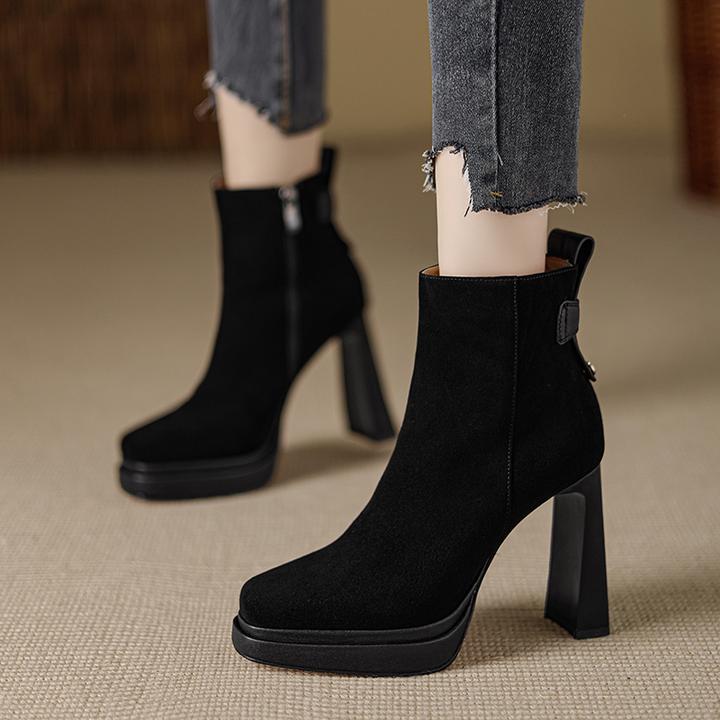 AACCK10.5cm新款防水台高跟短靴女秋冬季黑色厚底粗跟加绒马丁靴