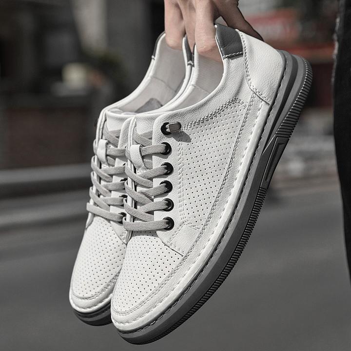 休闲皮鞋男款夏季鞋子男免系鞋带真皮镂空网眼透气板鞋软底小白鞋
