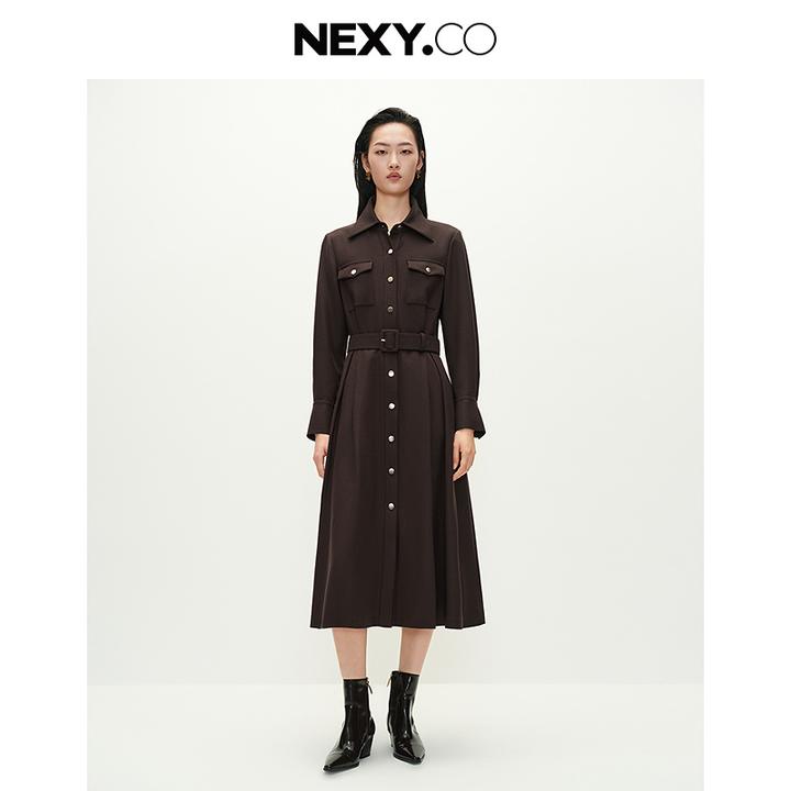 NEXY.CO/奈蔻气质长袖中长款收腰优雅秋季连衣裙XF06105C7