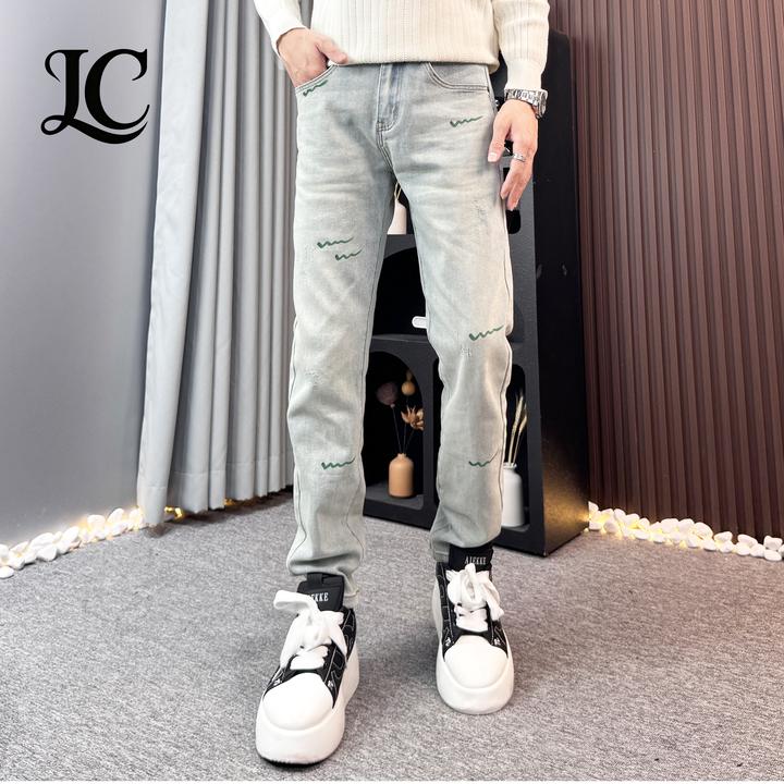 秋季新款牛仔裤男修身潮流百搭高端蓝色痞帅印花时尚休闲牛仔长裤