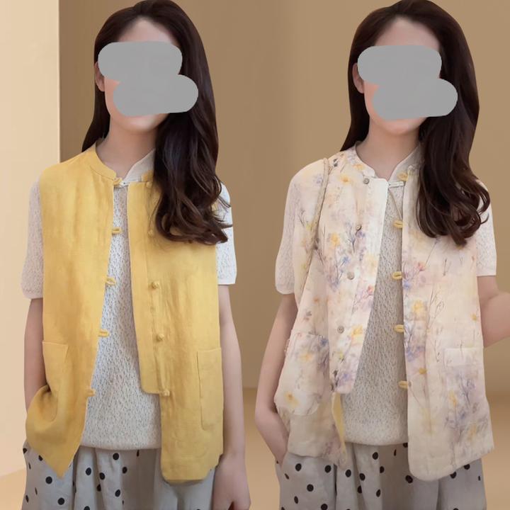 2025夏季新款复古休闲纯色单排扣新中式国风通勤马甲碎花双面可穿
