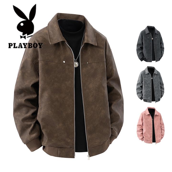 花花公子春秋新款PU皮衣男翻领骑行机车皮夹克男美式街头复古外套