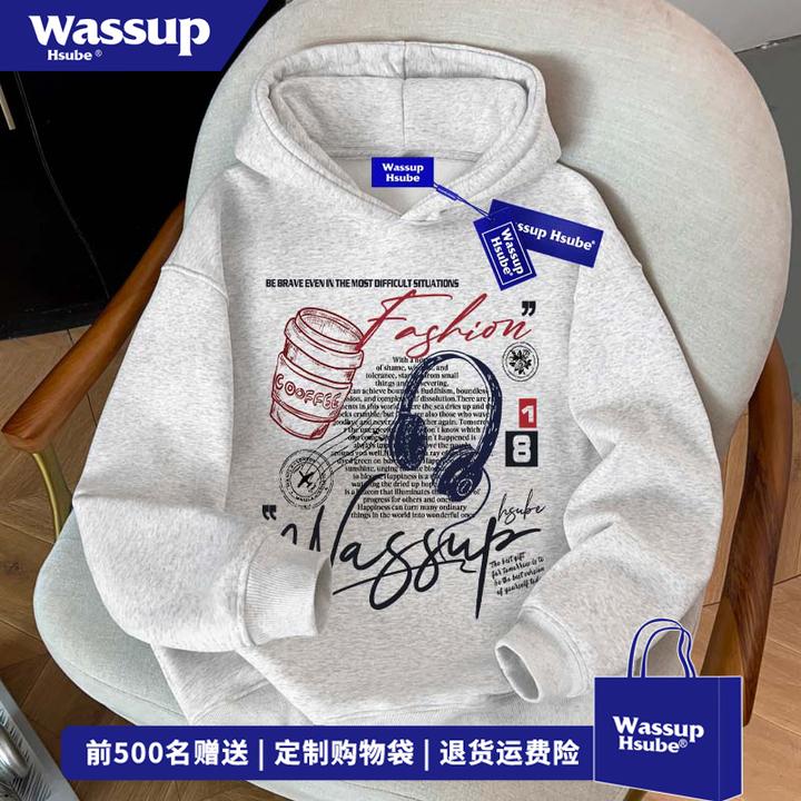WASSUP HSUBE欧美式设计感图案印花连帽卫衣男秋冬潮牌无口袋上衣