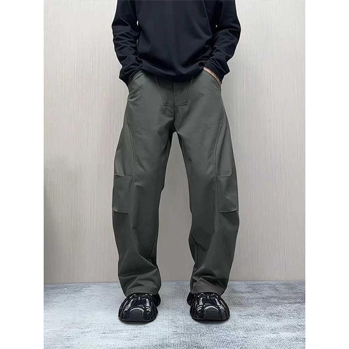 灰绿色分割褶皱廓形弯刀裤子男春秋款潮牌阔腿速干工装裤休闲长裤
