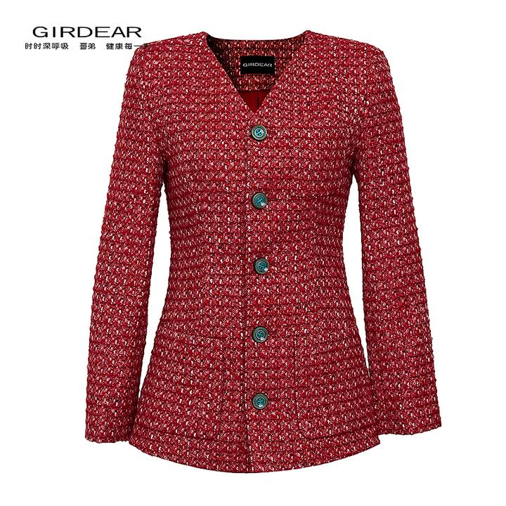 GIRDEAR/哥弟新款简约知性优雅收腰V领单排扣小香风外套1400812