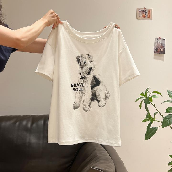 时尚白色可爱狗狗字母印花短袖t恤女夏季新款宽松慵懒感显瘦上衣