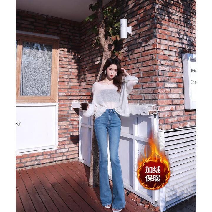 典藏中蓝色复古微喇叭加绒牛仔裤女高腰提臀显瘦四面弹秋冬新款