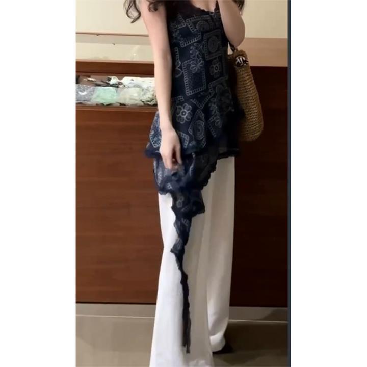 夏季新款修身显瘦设计感小众复古无袖印花上衣休闲简约宽松长裤女