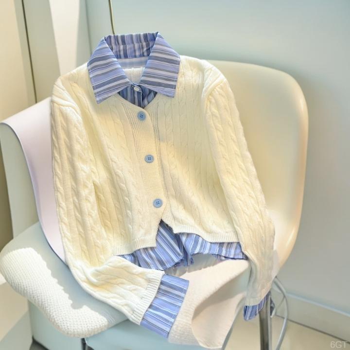 假两件条纹衬衫拼接毛衣2025秋冬新款韩系慵懒风小众百搭针织开衫