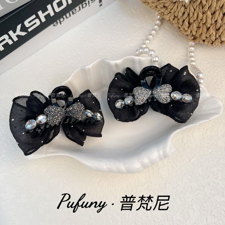 轻奢高级感AB面爱心水钻满天星网纱蝴蝶泡泡抓夹7cm