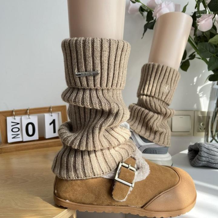 金属标美式复古咖啡棕色套女秋冬季时髦百搭羊绒针织堆堆袜小腿套