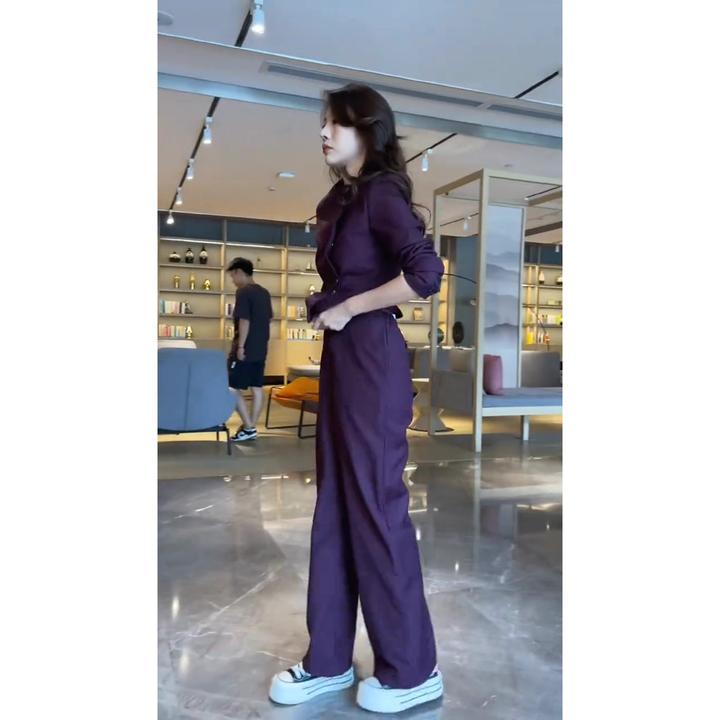 淳启韩版女秋装新款紫色上衣宽松直筒裤两件套修身显瘦气质佳轻奢