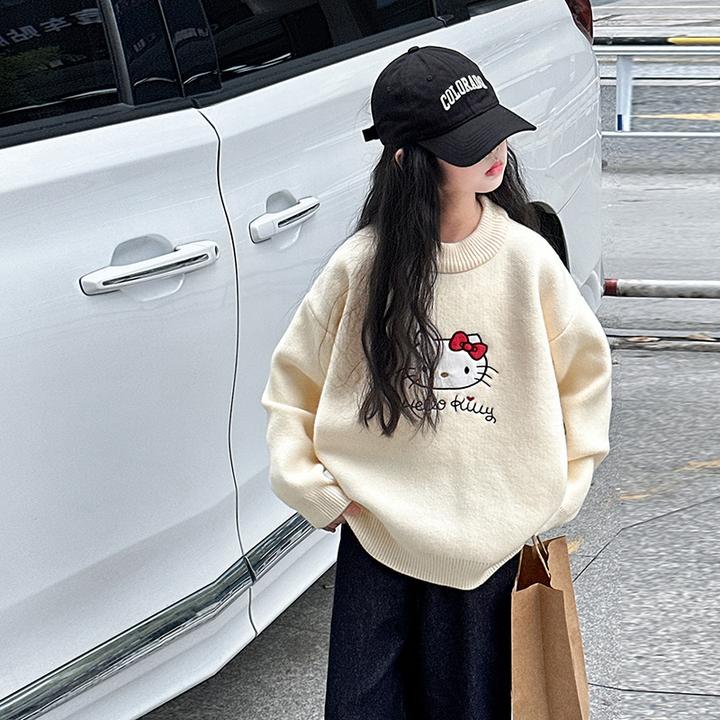 女童秋冬毛衣2025新款女大童甜美卡通绣花圆领针织衫儿童秋季上衣