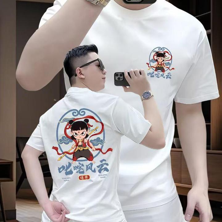 叱咤风云 高品质新款重磅轻奢百搭极简印花流行圆领时尚宽松半袖