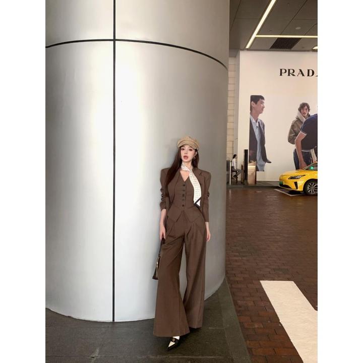 老钱风西装外套内搭马甲背心女装秋季高腰休闲裤长裤高级感三件套