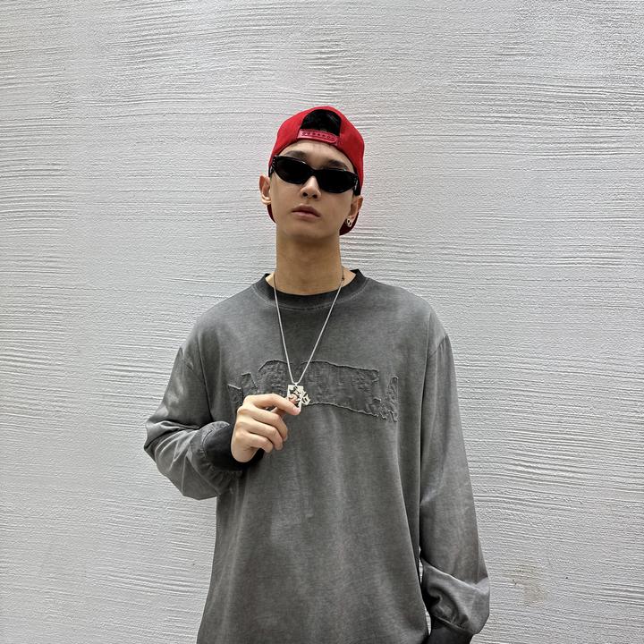 长袖百搭套头做旧圆领休闲上衣宽松纯色时尚水洗卫衣男士灰色秋季