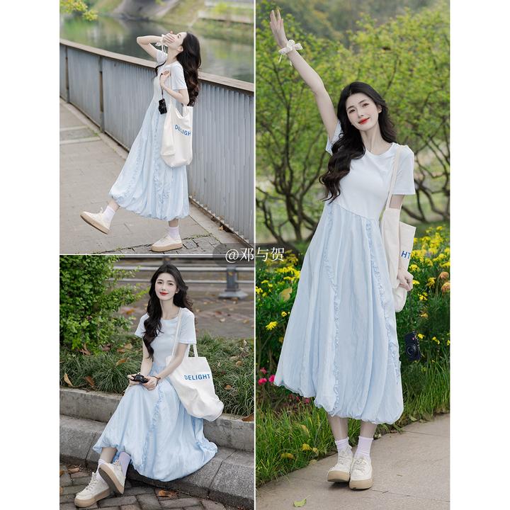 茵曼法式皱感拼接花苞连衣裙2025秋季女装新款短袖收腰显瘦裙子