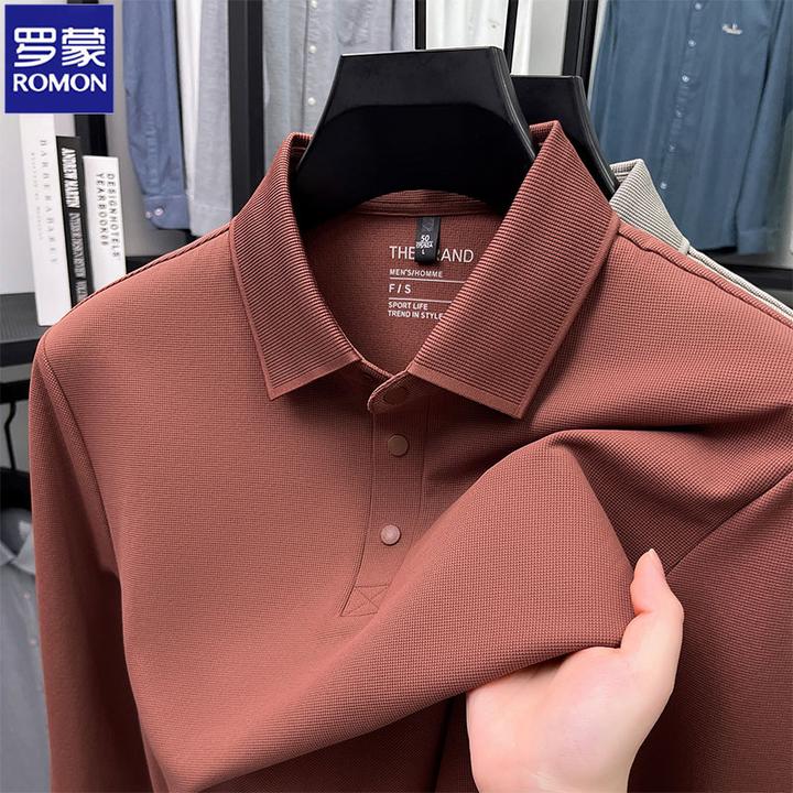 罗蒙男士长袖T恤重磅260g华夫格柔软舒适青年POLO衫时尚休闲打底