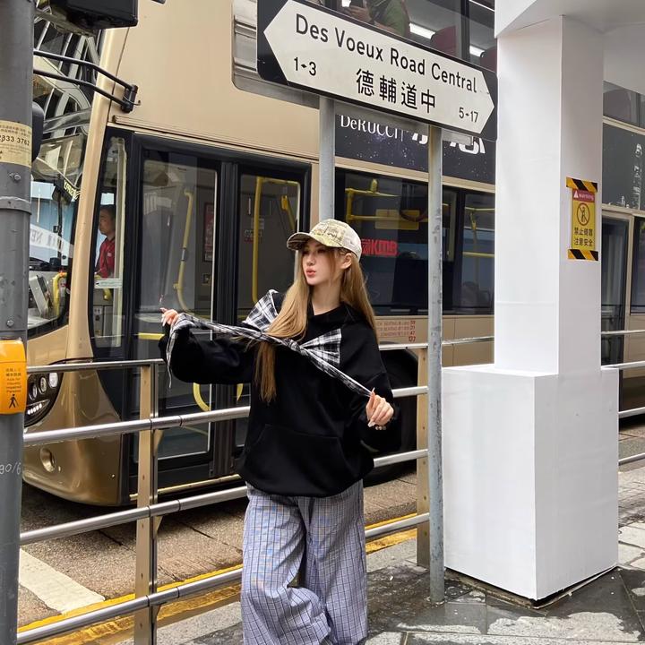 美式休闲蝴蝶结格子连帽卫衣长袖男女设计感宽松慵懒风情侣帽衫