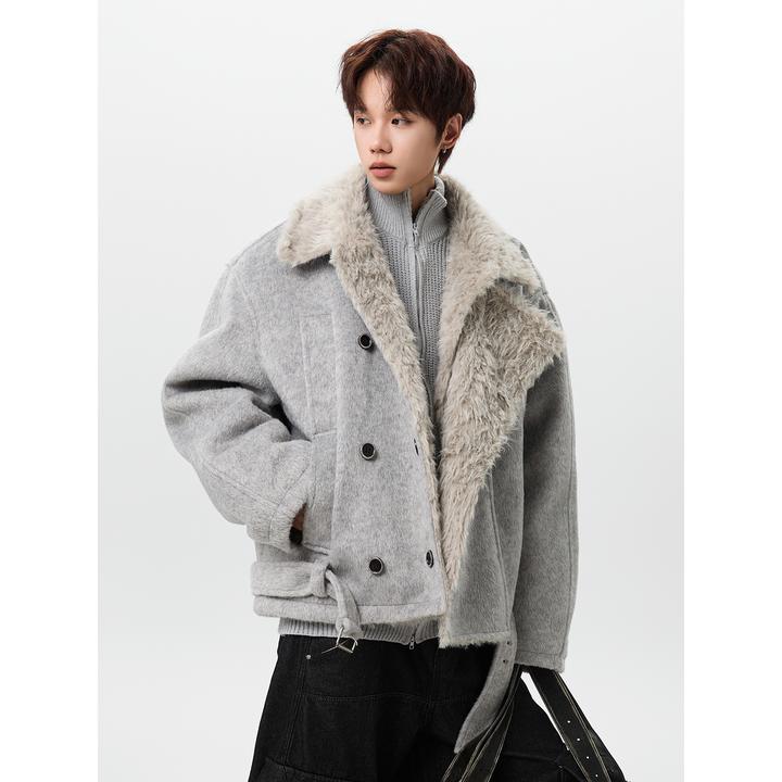 复古老钱风毛呢加厚夹克外套男女情侣装冬季高级感双排扣毛领棉衣