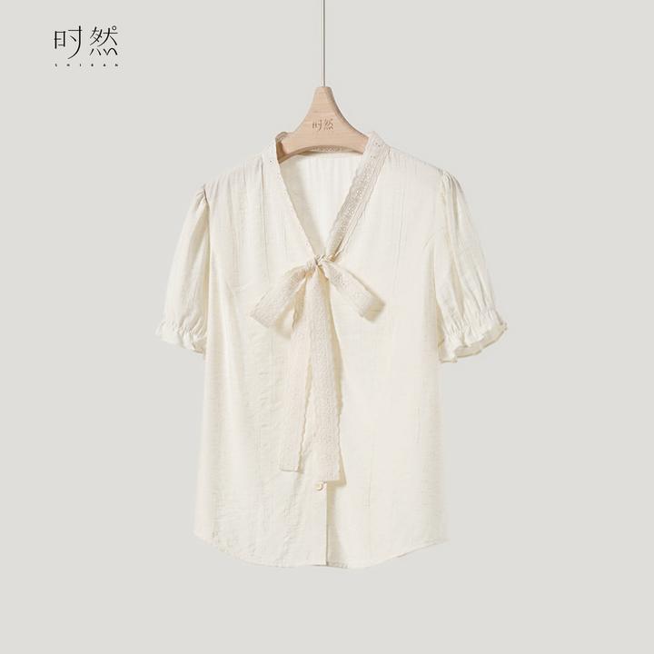 时然【麻语蕾丝】微胖大码女装夏新款温柔显瘦短袖系带衬衫小衫上衣