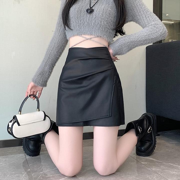 秋冬新款高腰显瘦韩版褶皱柔软皮不规则包臀小个子A字半身裙短裙