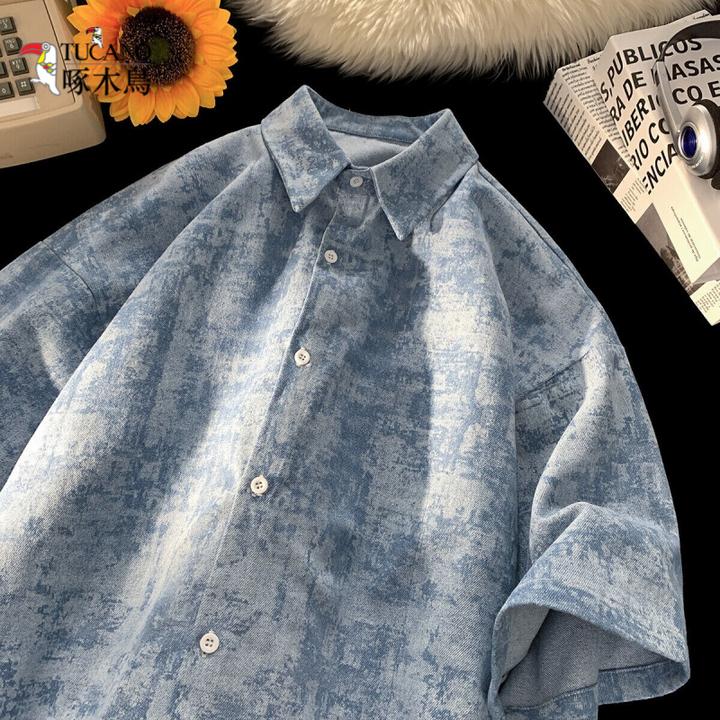 啄木鸟2025简约潮流五分袖牛仔衬衫男