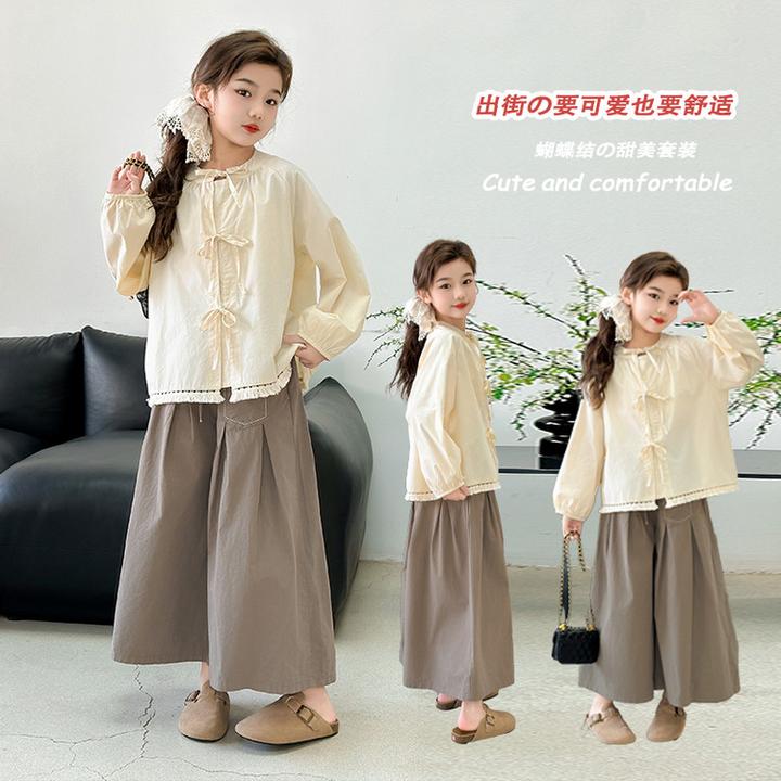 女童洋气套装春秋季2025新款中大童韩版衬衫阔腿裤两件套女孩休闲