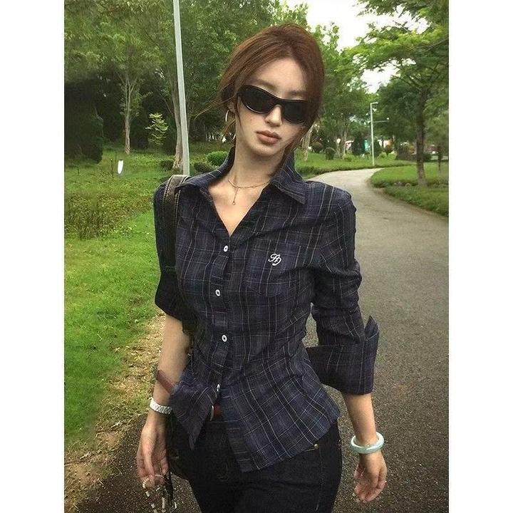 【藏蓝格调】港风穿搭格子衬衫女秋季收腰长袖衬衣修身辣妹上衣潮