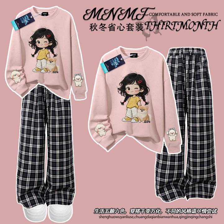 女童秋冬学院风仿刺绣百搭扎染圆领卫衣套装中大童格子裤两件套