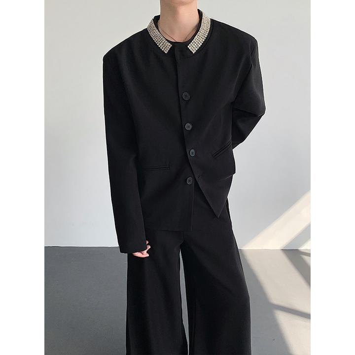 轻奢镶钻垫肩西装小众无领外套2025春秋新款贵气廓形夹克男模西服