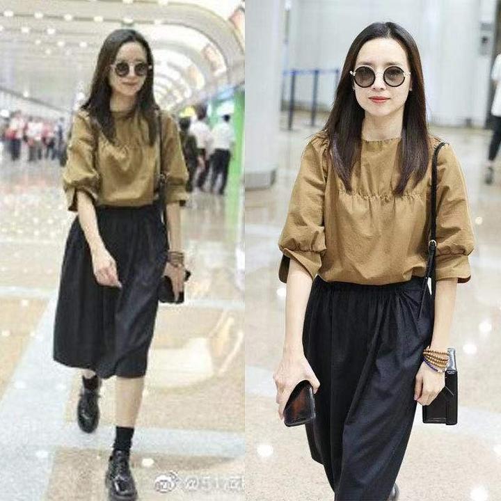 欧洲明星董洁同款棕色宽松衬衫女春夏新款宽松显瘦中袖泡泡袖上衣