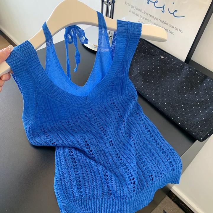 克莱因蓝假两件吊带针织背心女夏外穿宽肩带无袖多巴胺上衣高级感