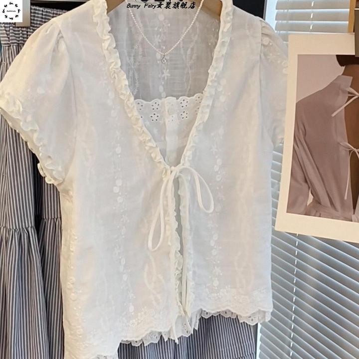 精品高品质高货保留~法式假两件刺绣花边短袖衬衫女夏季薄小个子