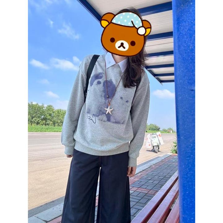 美式复古小众学院风可爱卡通猫狗印花圆领加绒卫衣女秋冬宽松上衣