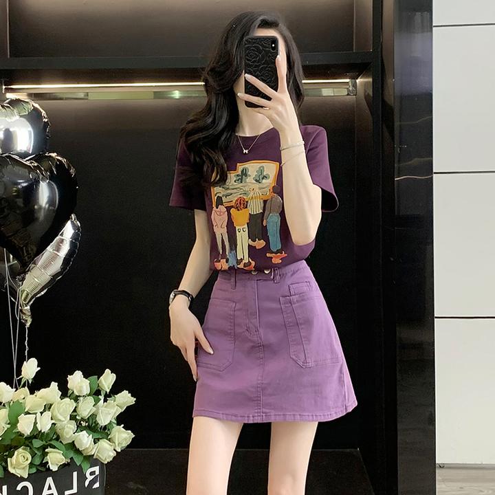 短袖紫色T恤宽松显瘦休闲时尚百搭上衣2025夏季新款时尚圆领印花