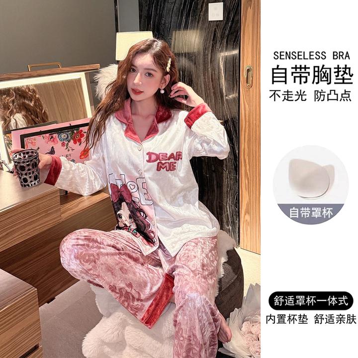 带胸垫2025年新款金丝绒睡衣女春秋季长袖可爱卡通秋冬家居服套装