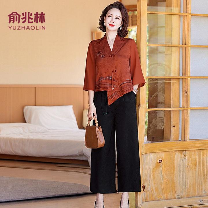 俞兆林春夏中老年妈妈装高档绣花衬衫套装洋气太太阔腿裤两件套国