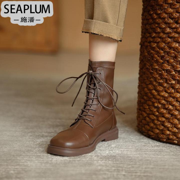 SEAPLUM真皮马丁靴女2025新款百搭单靴瘦瘦靴英伦风41-43大码平