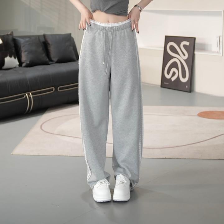 2025春夏新款时尚宽松显瘦蕾丝拼接松紧腰休闲阔腿裤LK2502411