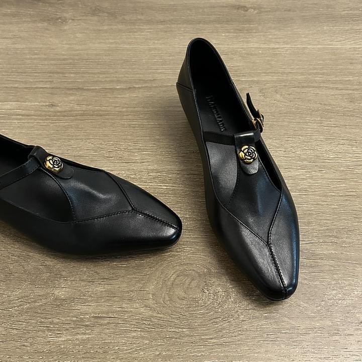 Dannyfrey法式镂空复古山茶花头层小牛皮百搭通勤轻奢女款鞋子