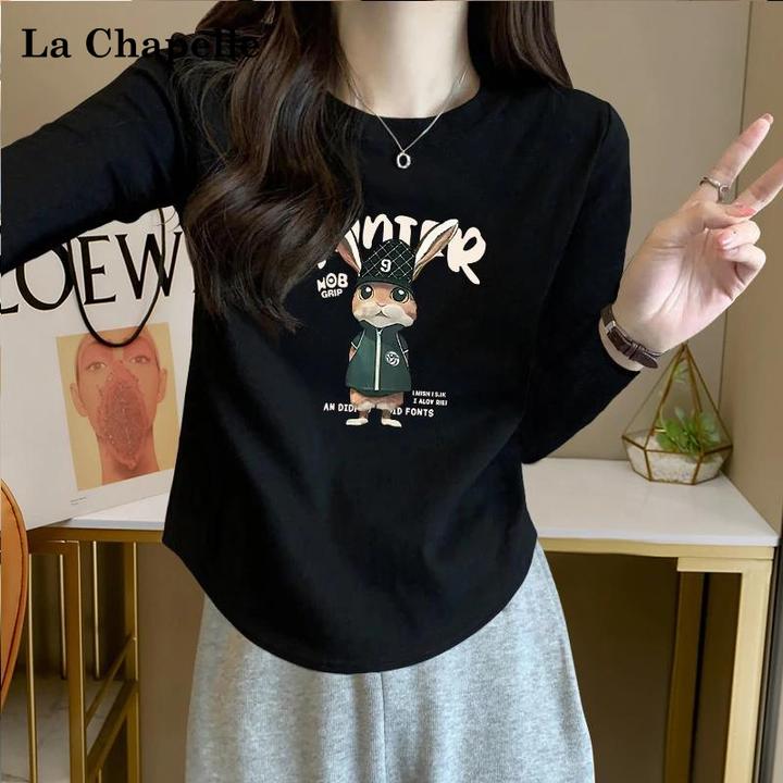 艾格秋季新款纯欲风辣妹修身显瘦长袖T恤女士不规则圆弧下摆