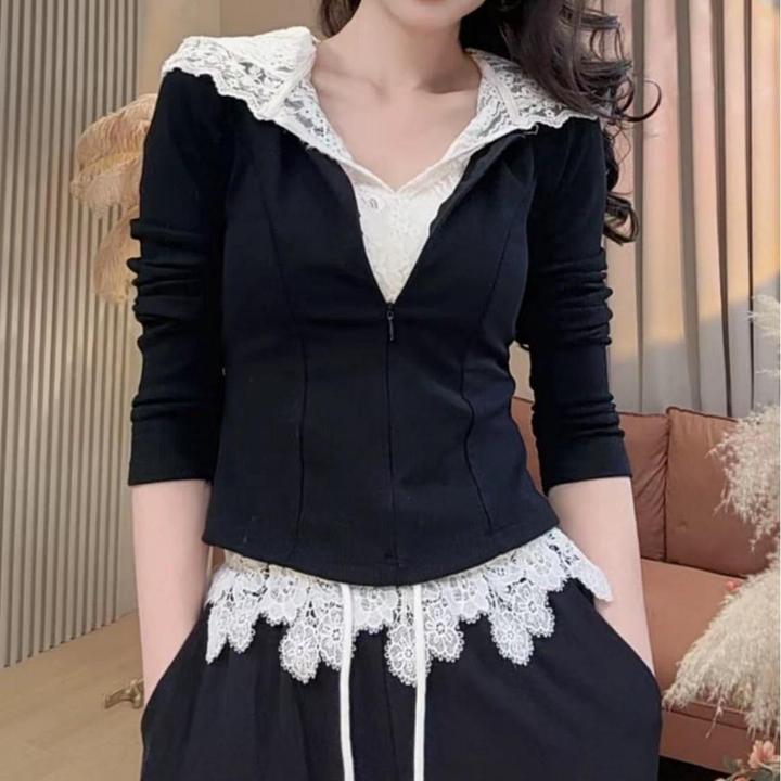 淑女假两件开衫卫衣拼接蕾丝连帽打底衫打底时尚套